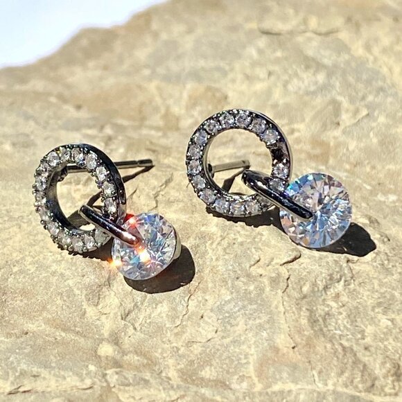 Gunmetal Cubic Zirconia Circle with Drop Earrings - Picture 8 of 12